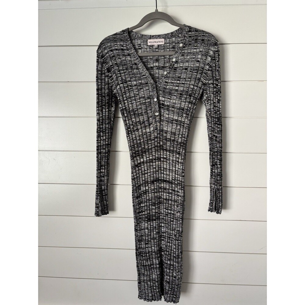 Willow & Wind Black White Gray Heather Ribbed Knit Henley Bodycon Dress Size S - Picture 1 of 4